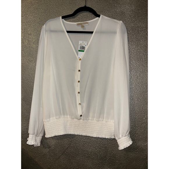 Michael Michael Kors Longsleeve Front Button Smocked Waist Cuffs V-neck Top - Picture 1 of 7